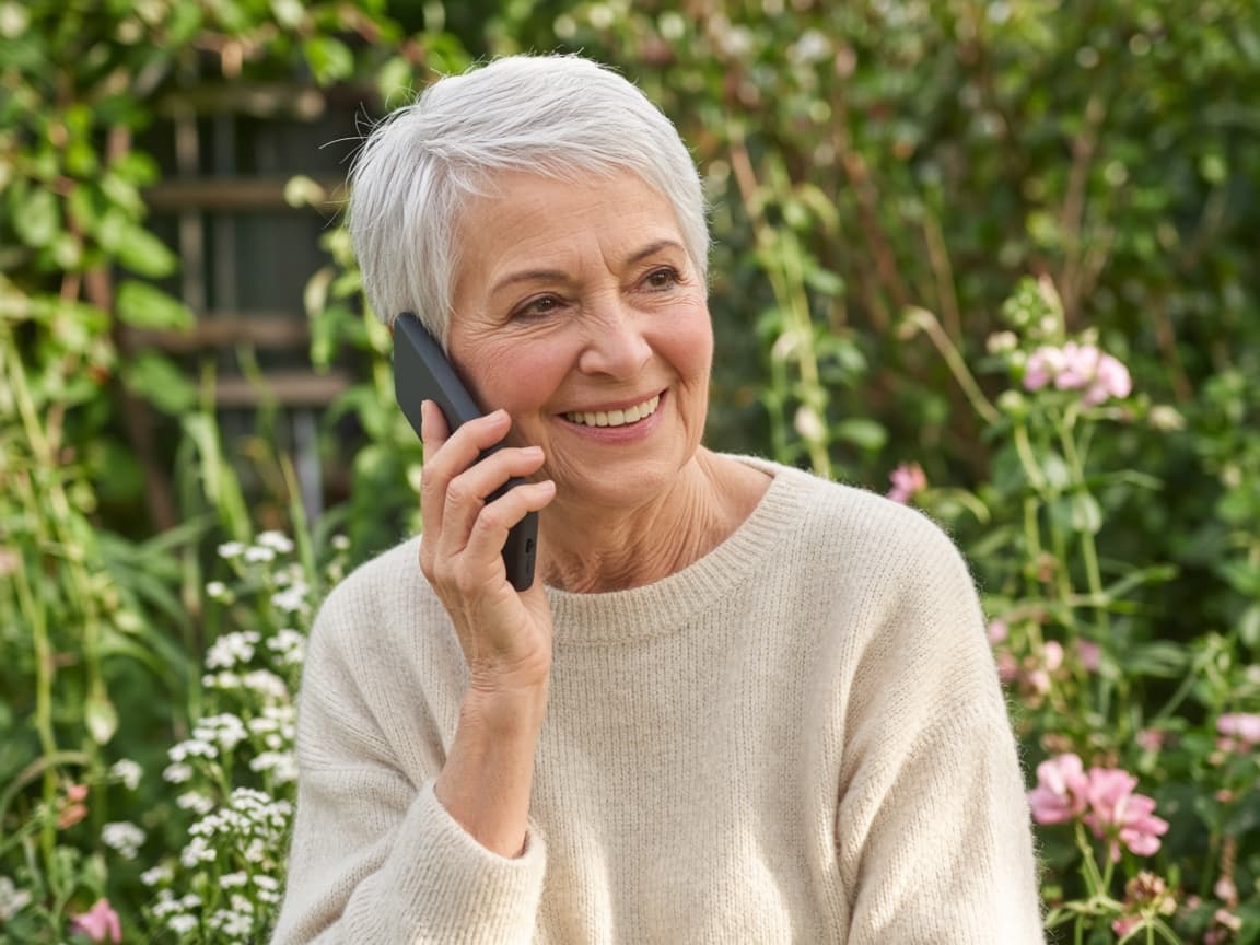 Claire on a morning phone call in a sunny garden