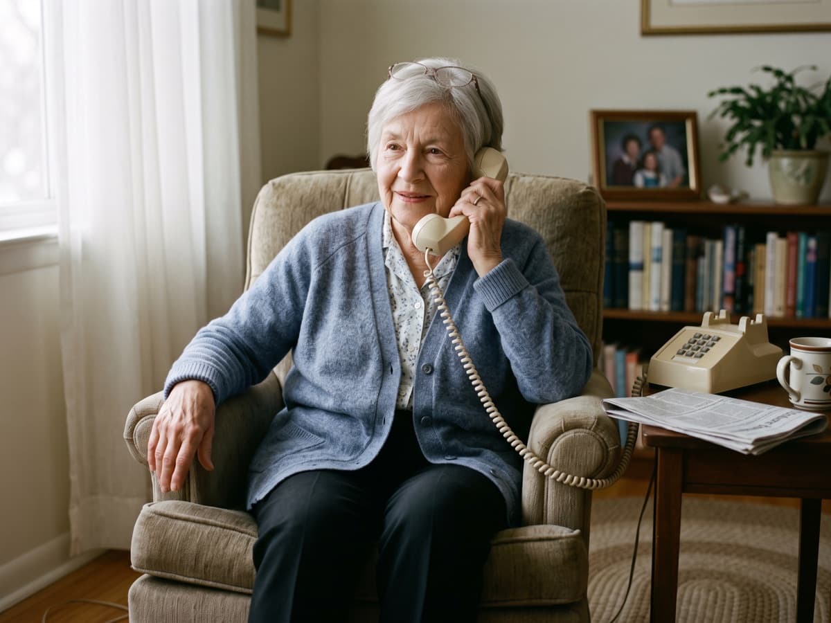 Ruth, a client in her eighties, answering a check-in call on her corded landline in her armchair at home
