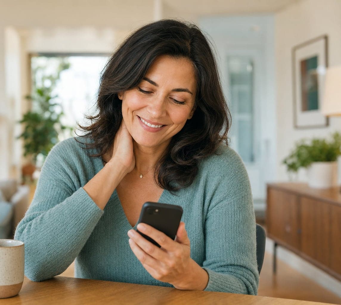 A woman smiles as she reads an update on her phone