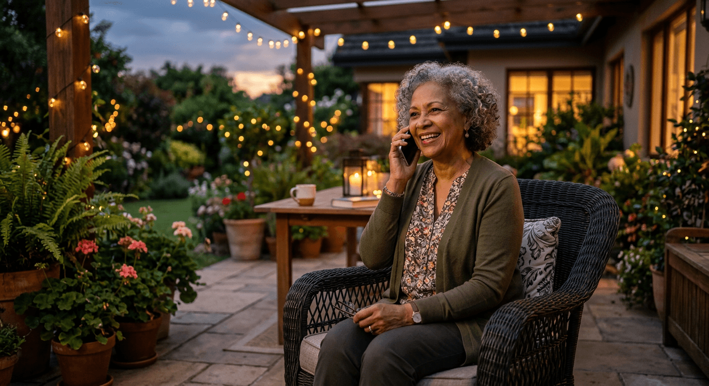 Older adult smiling on a patio phone call at dusk under string lights