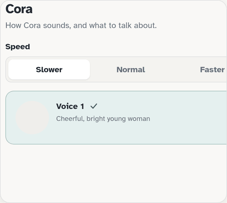 Cora voice settings with Speed Slower selected and Voice 1 checked