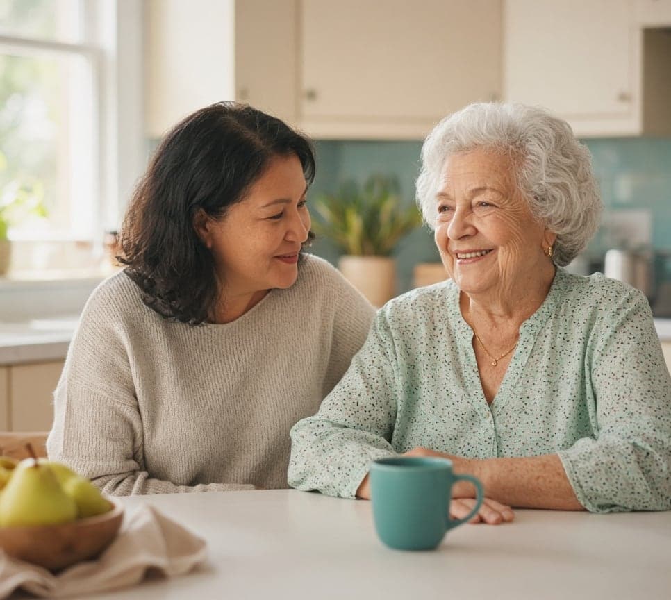 A daughter and her mother smile together at the kitchen table