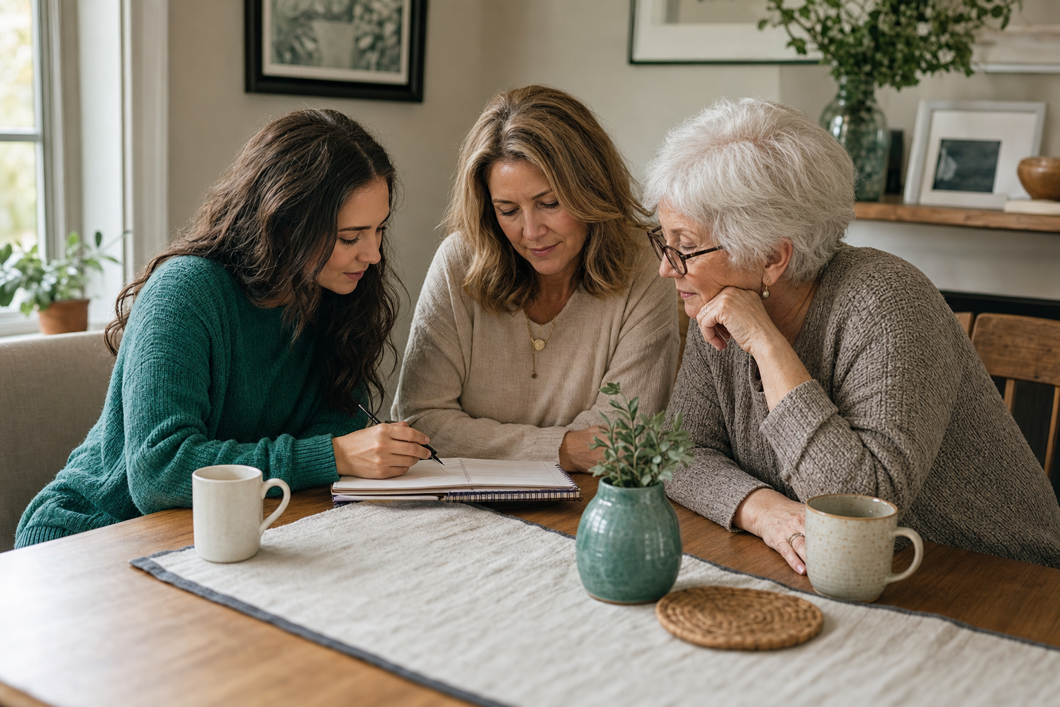 Three generations reviewing a shared care notebook together at a dining table