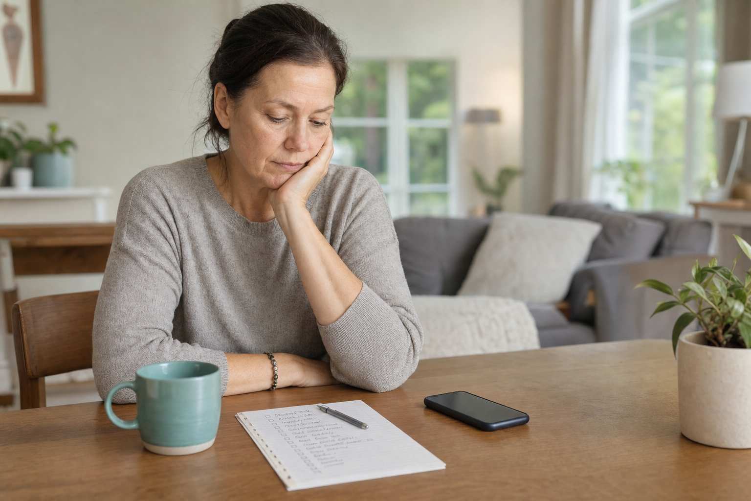 Tired family caregiver at a kitchen table with a handwritten care checklist and phone