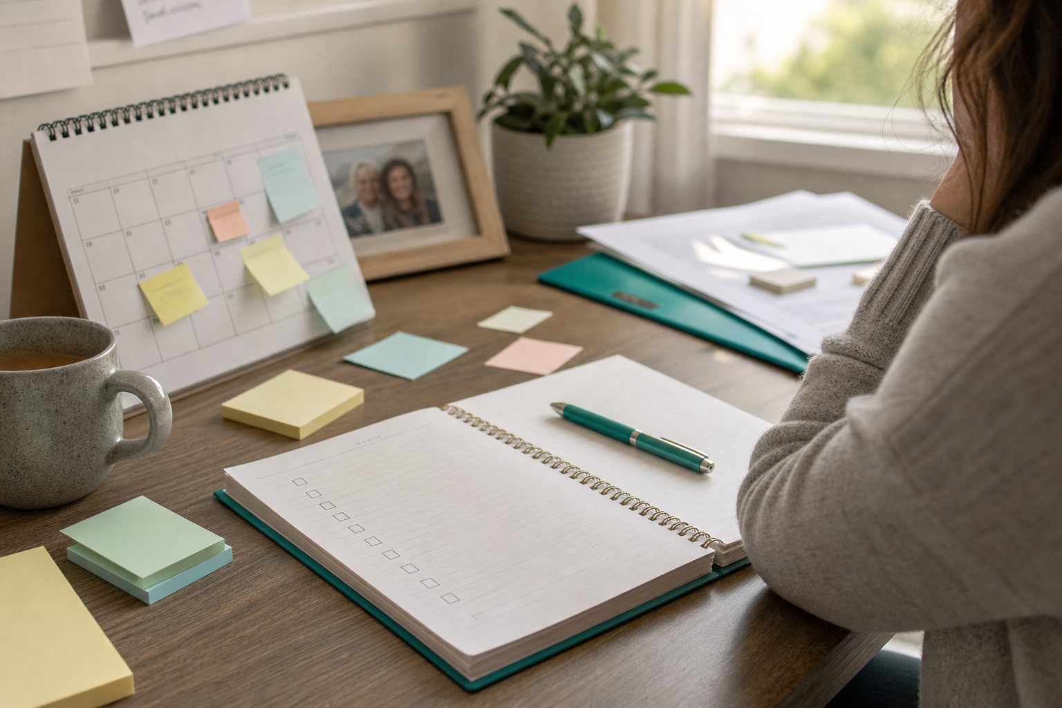 Caregiver desk with calendar sticky notes and an open checklist notebook