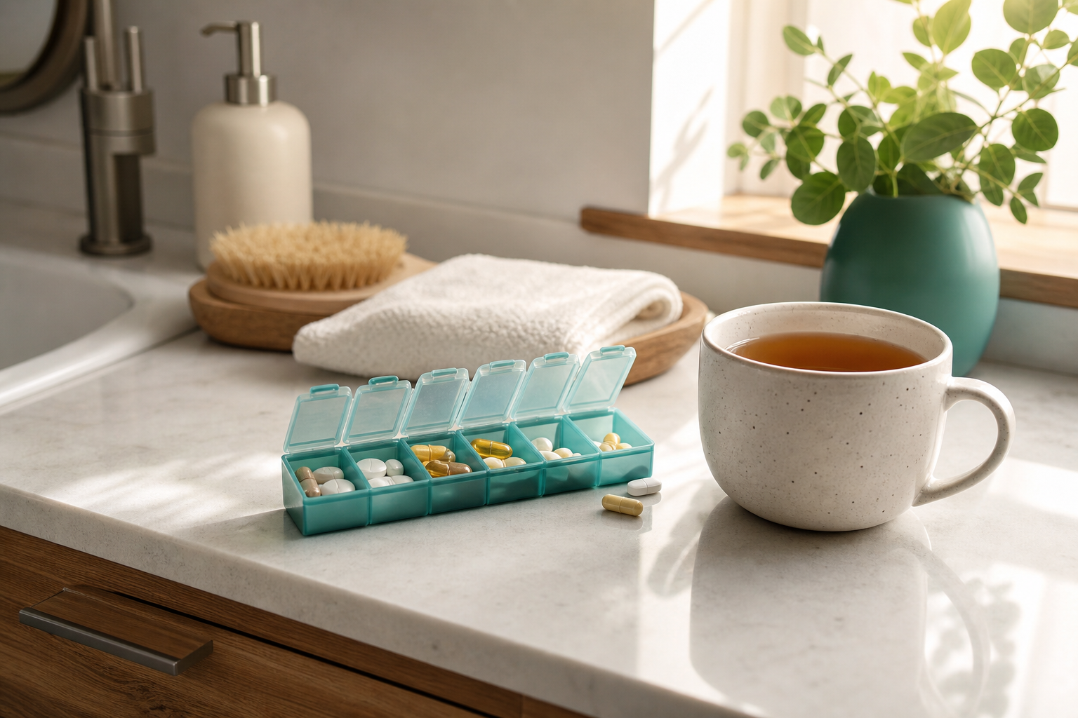 Weekly pill organizer and morning tea on a sunlit home counter