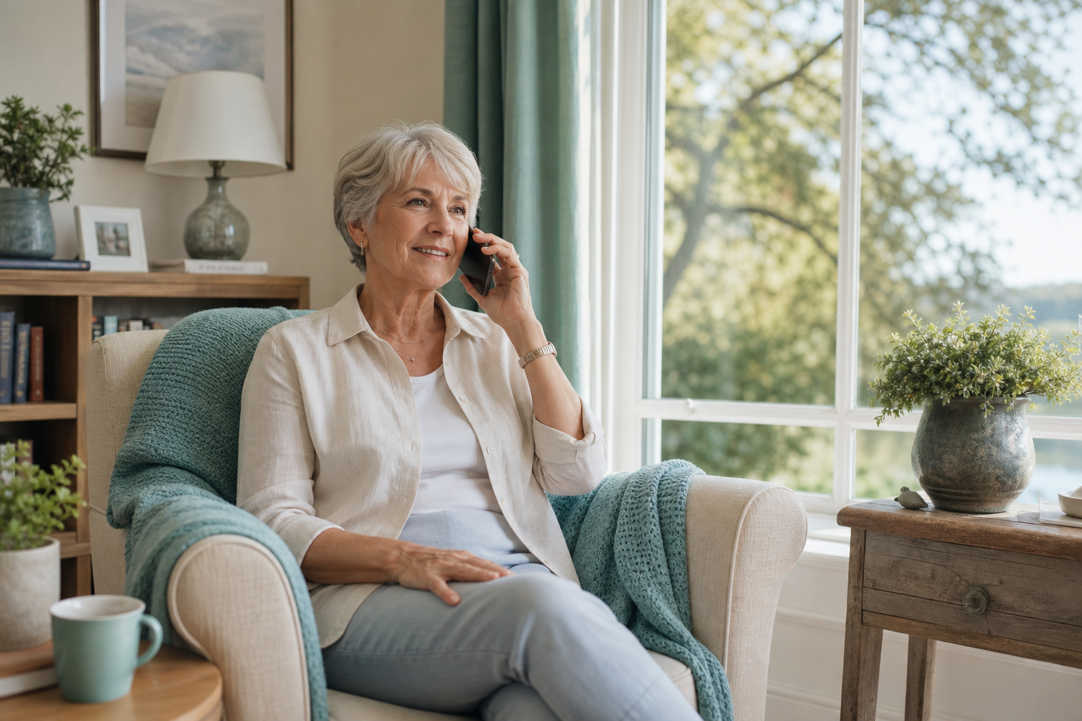 Older adult answering a phone call at home during a calm daytime check-in