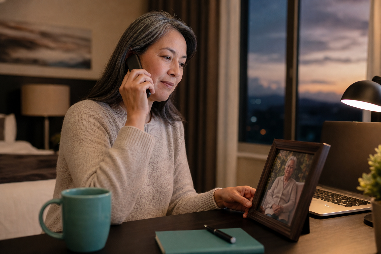 Adult caregiver on a phone call beside a framed photo of an older parent