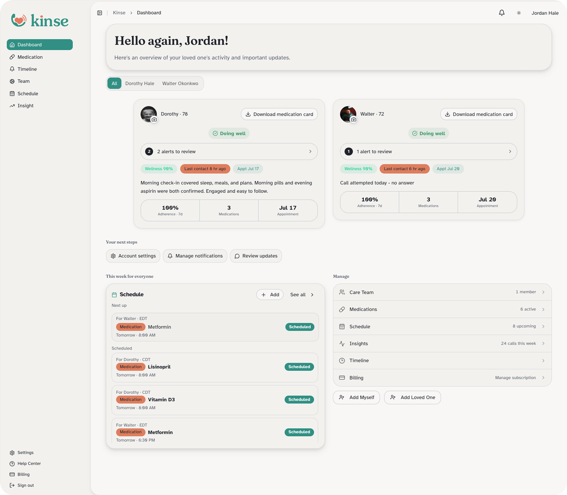 A Kinse dashboard card with a call summary, last contact, confirmations, and alerts