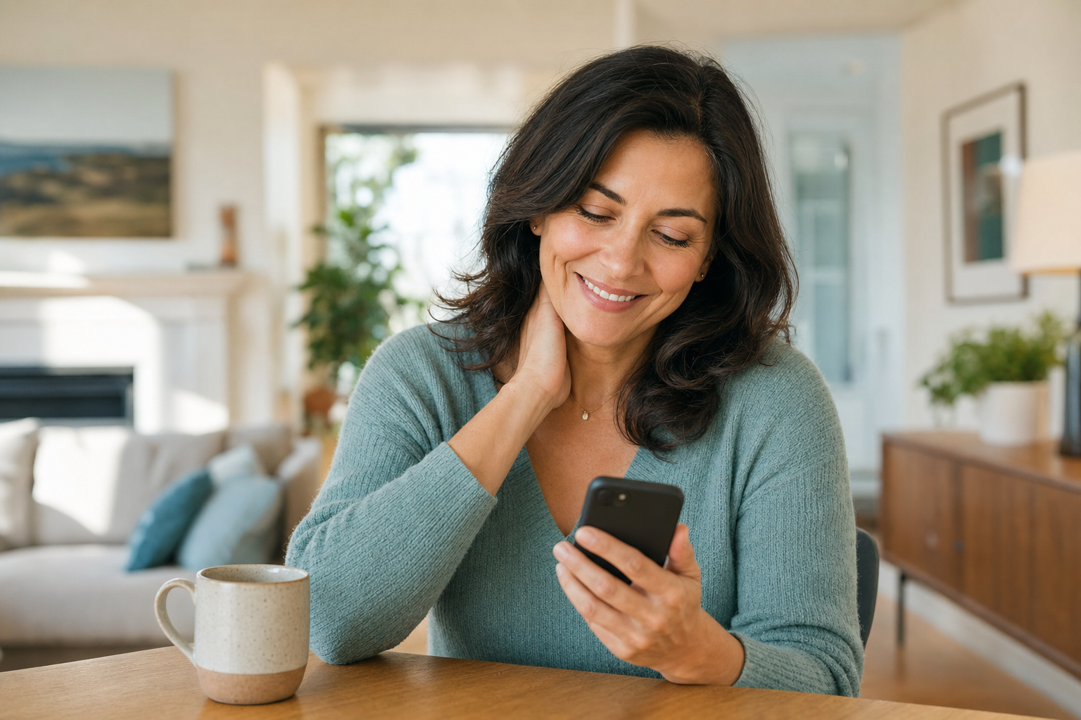 A family caregiver smiling with relief while reading an update about her parent on her phone
