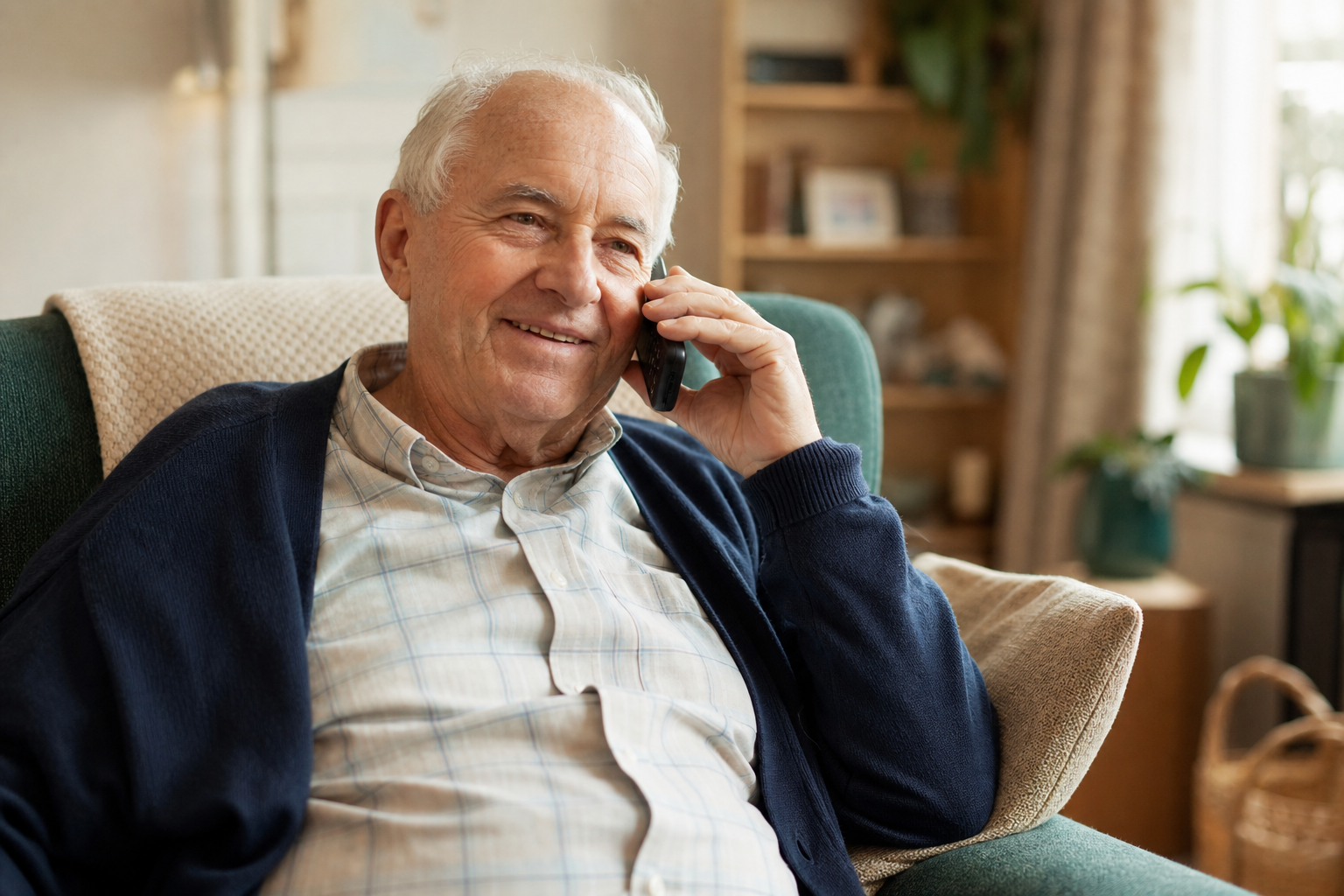 An older man smiling during a warm phone check-in from his armchair at home