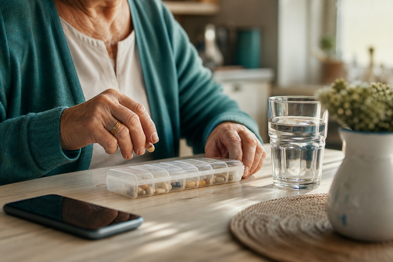 An older adult taking a dose from a weekly pill organizer at a sunny kitchen table, with a phone nearby